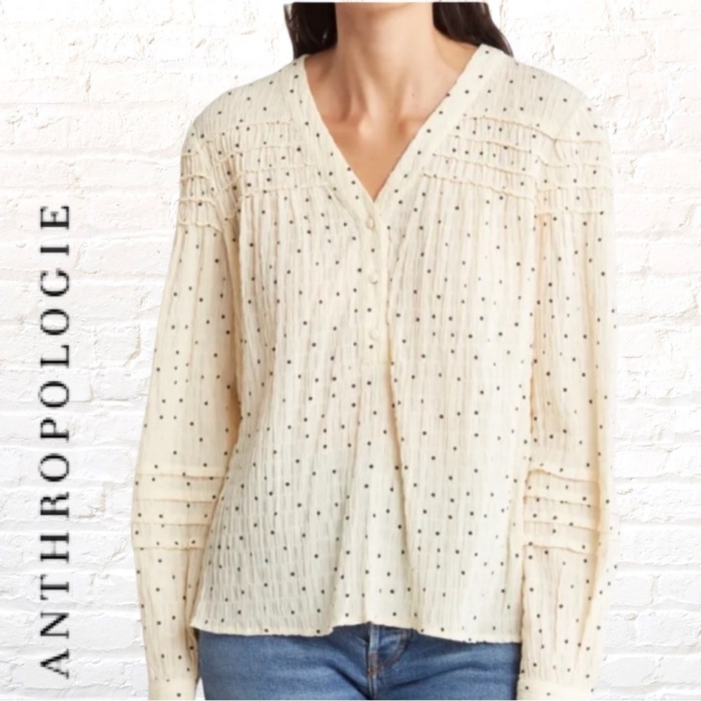 Anthropologie Current Air Ivory Polka Dot Smocked Pleated Blouse Size Small
